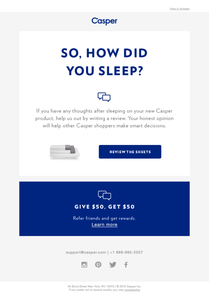 Review request email from Casper