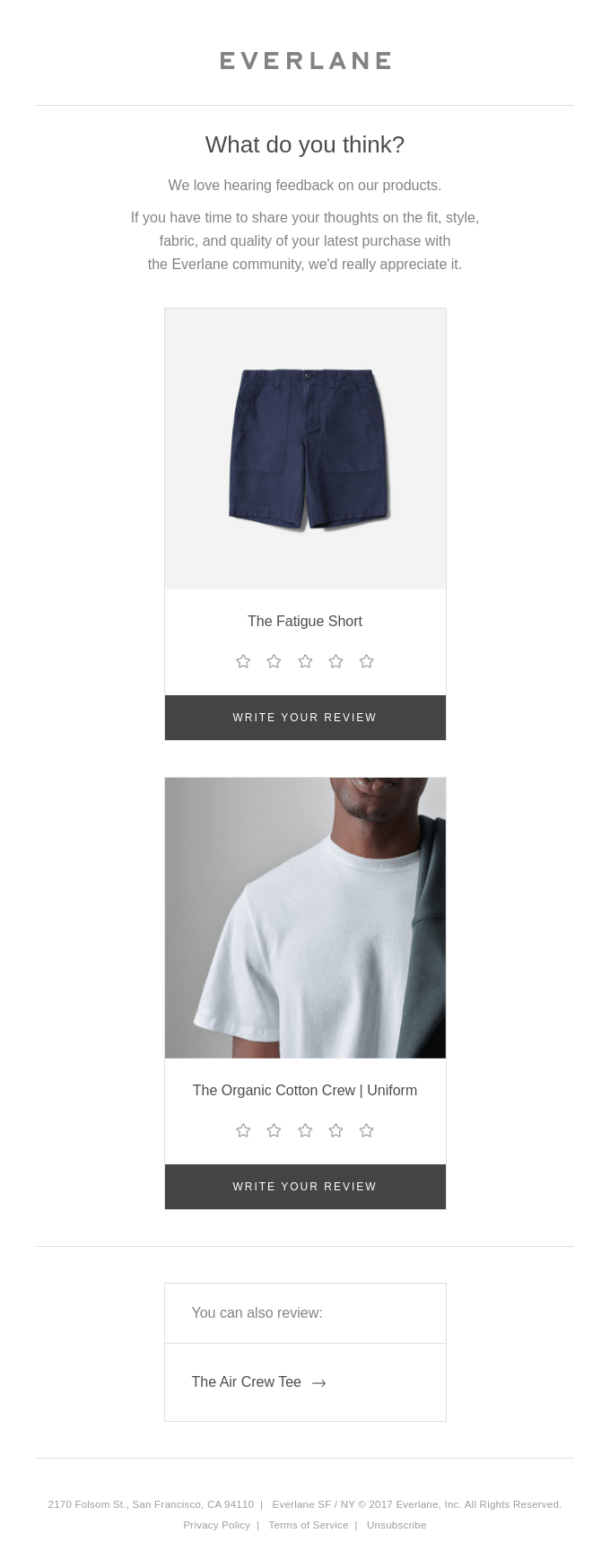 Review request email from Everlane