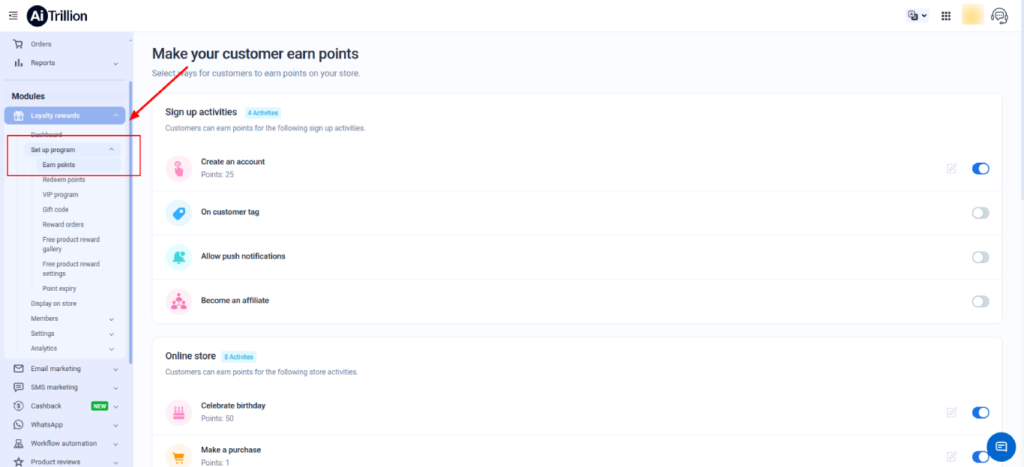 Earning Points Settings Shopify