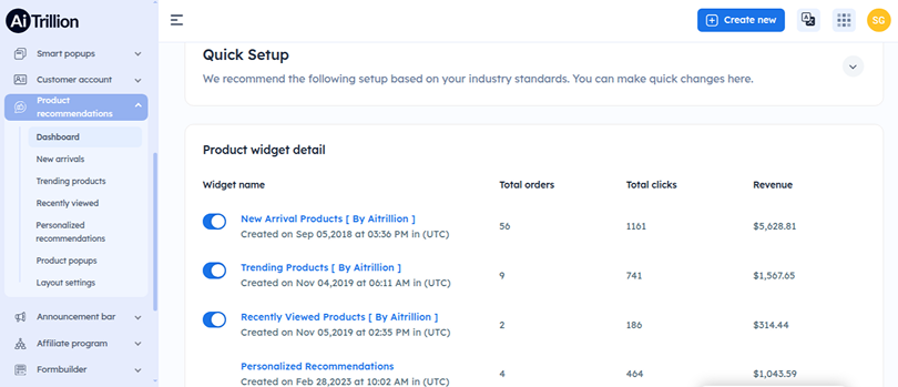 product recommendation widgets aitrillion