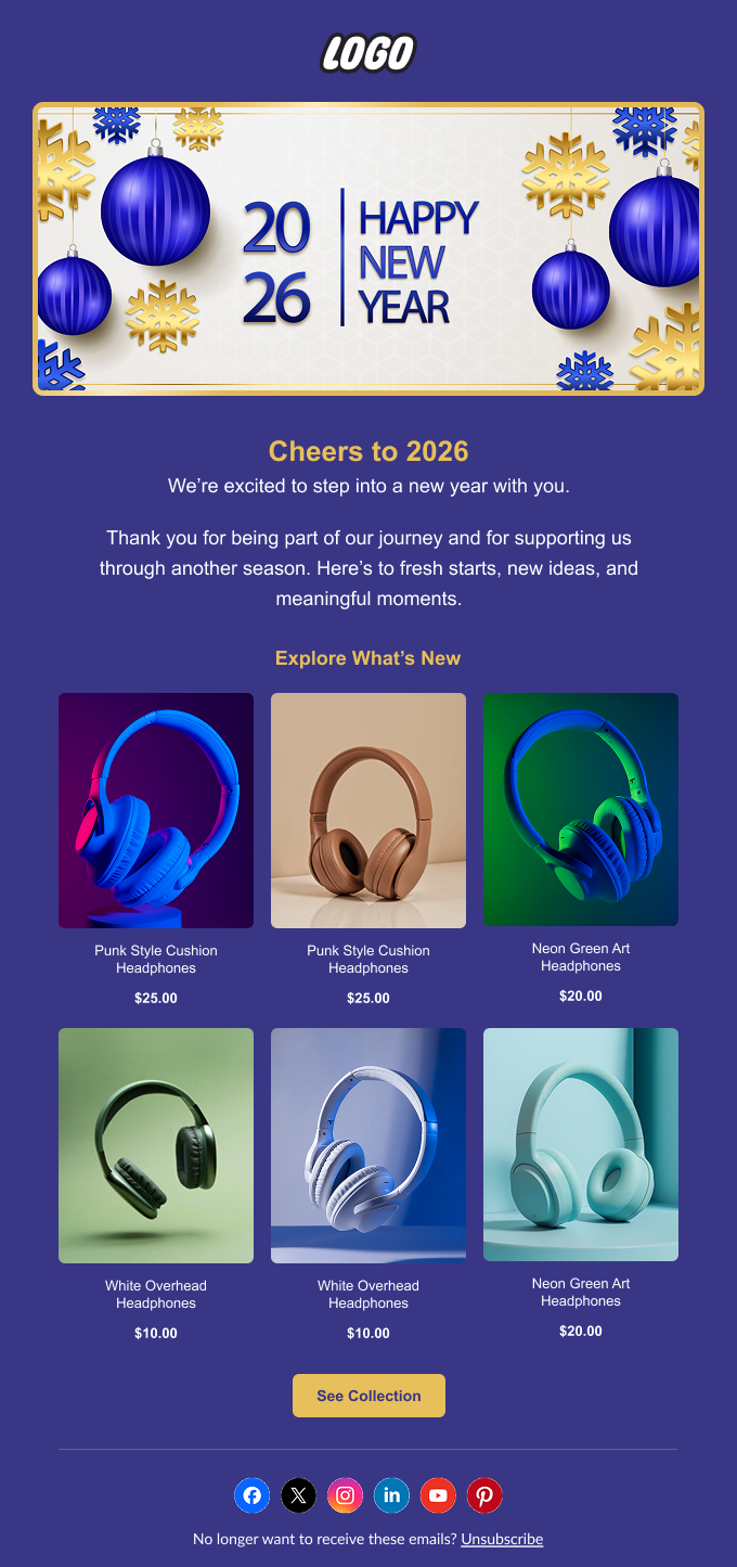 Festive New Year greeting email newsletter for ecommerce