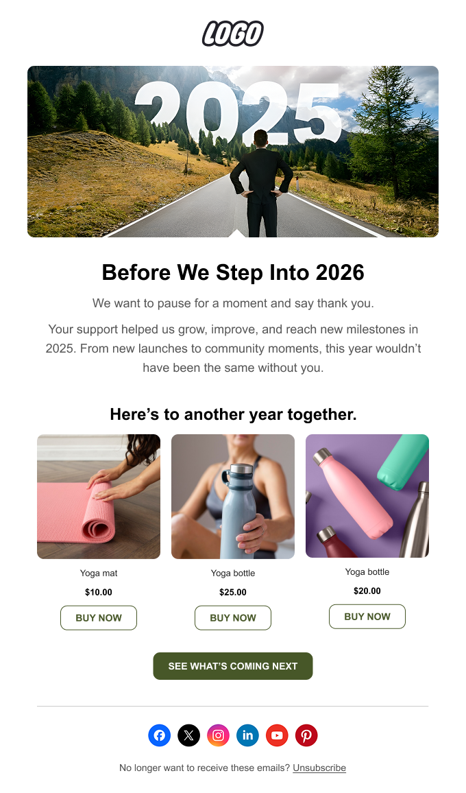 Goodbye 2025 Hello 2026 New Year email newsletter for ecommerce