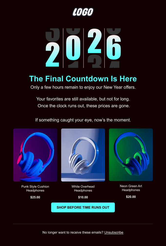 New Year countdown email design for Shopify