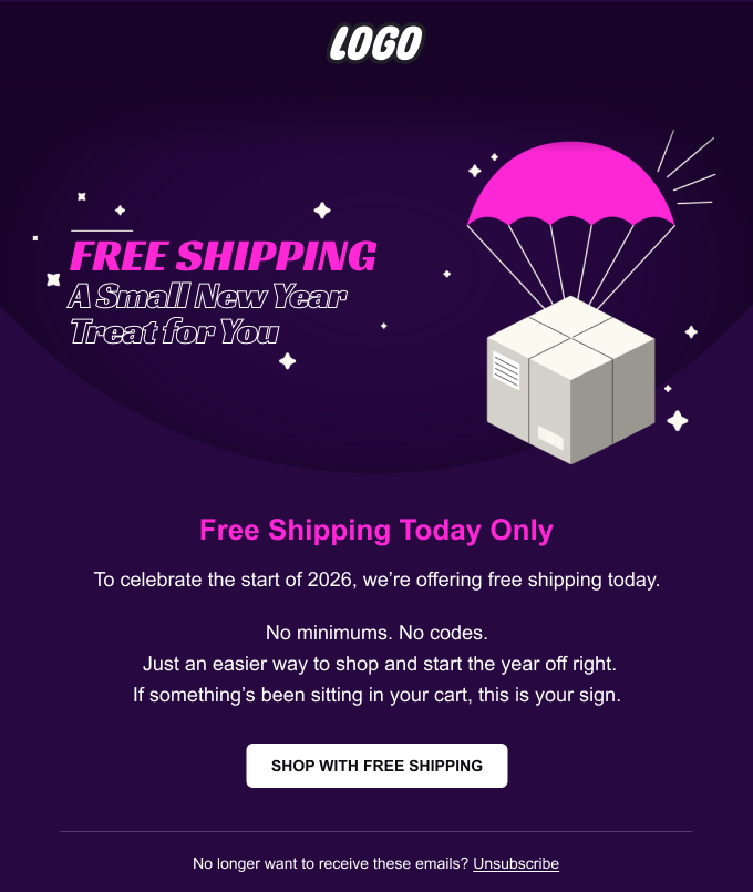 New Year free shipping email example for Shopify