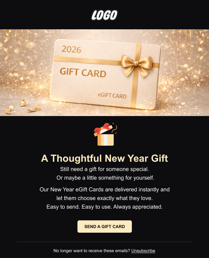 New Year gift card email template for Shopify