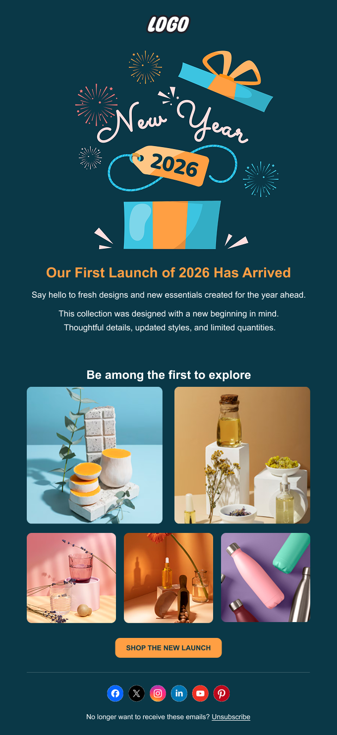 New Year product launch email example for Shopify