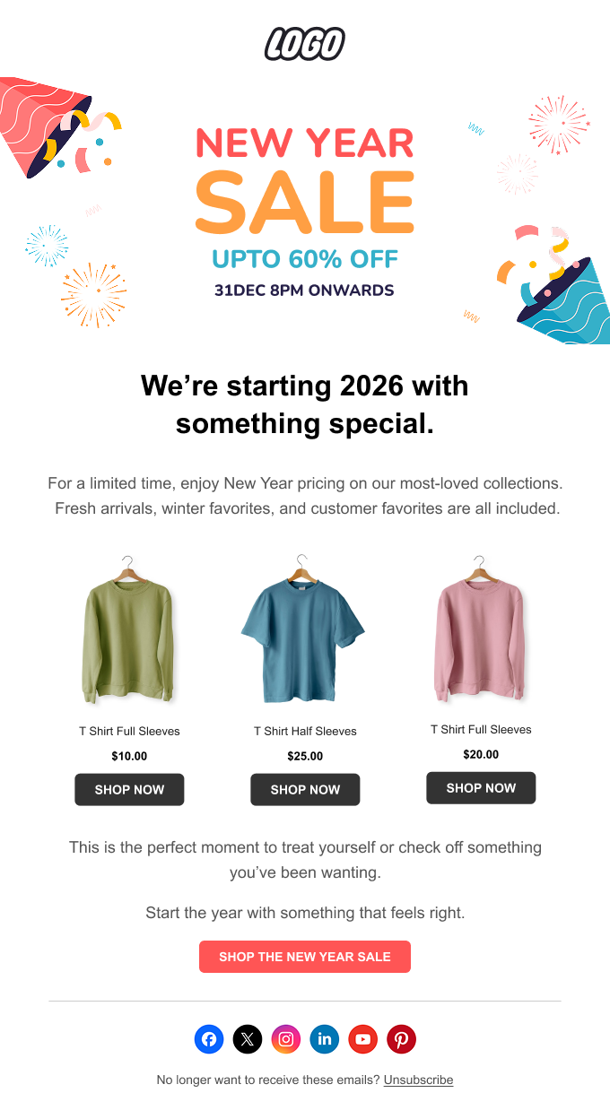 New Year sale email example for Shopify store