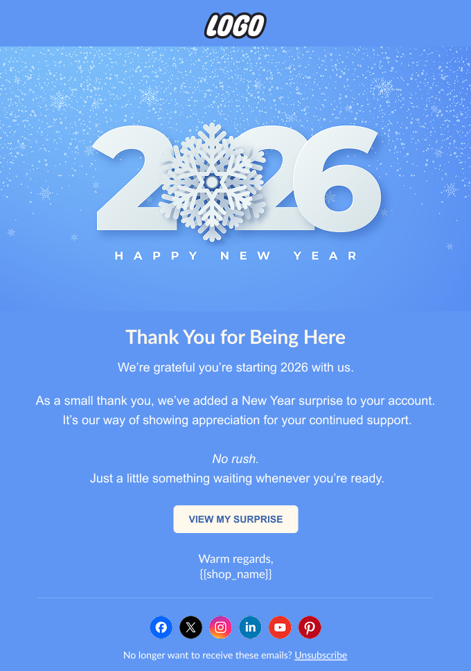 New Year thank you email with surprise reward for Shopify