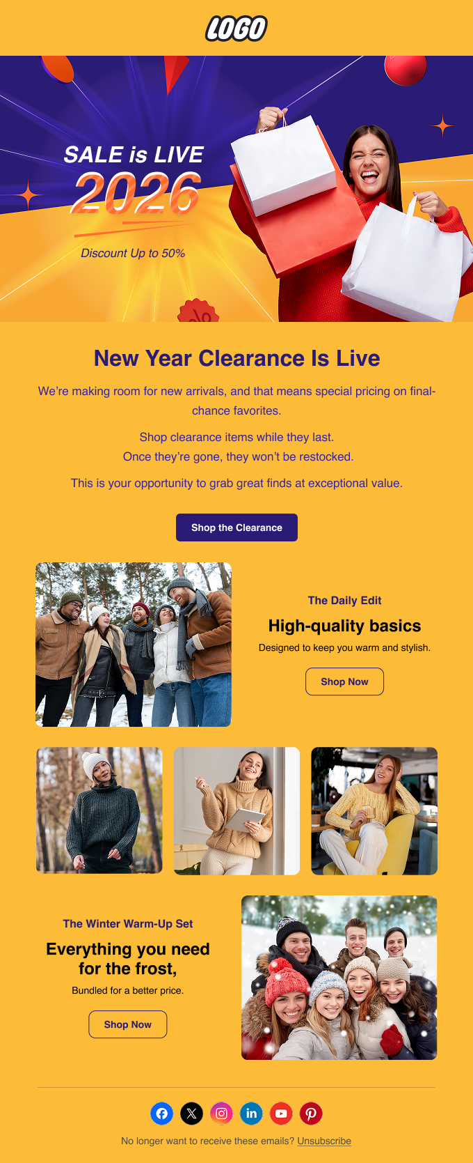 Post New Year clearance sale email example for Shopify