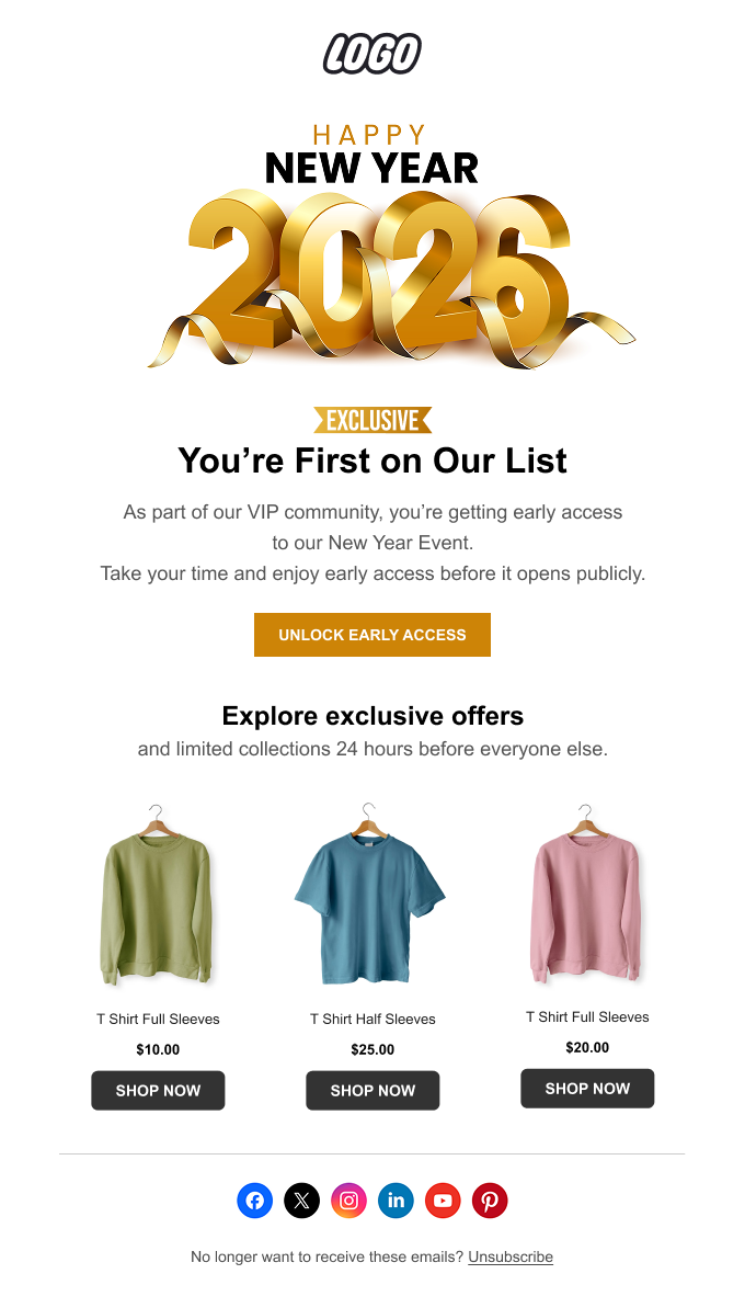 VIP early access New Year email template for Shopify