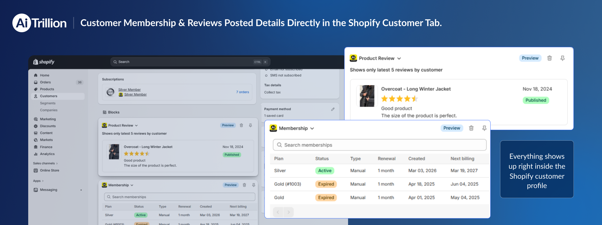 Now, View Customer Membership & Reviews Posted Details Directly in the Shopify Customer Tab