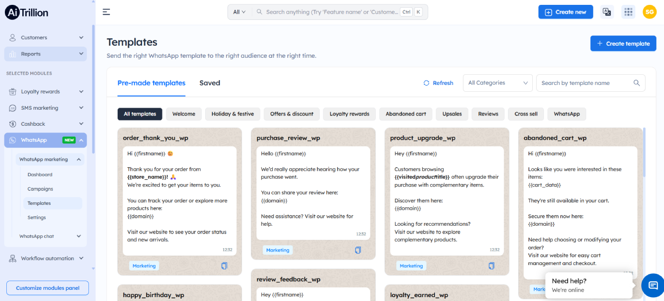 Shopify WhatsApp Marketing templates