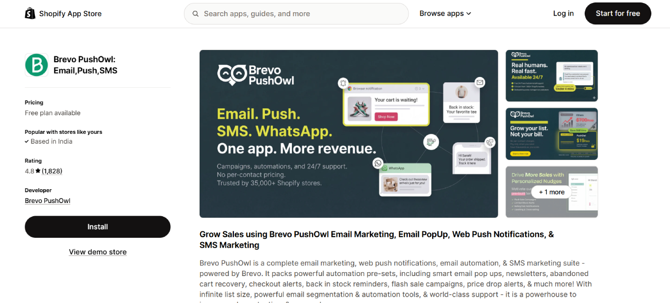 brevo pushowl email sms shopify