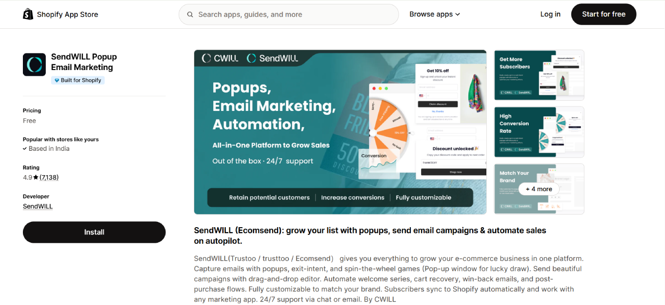 sendwill popup email marketing app
