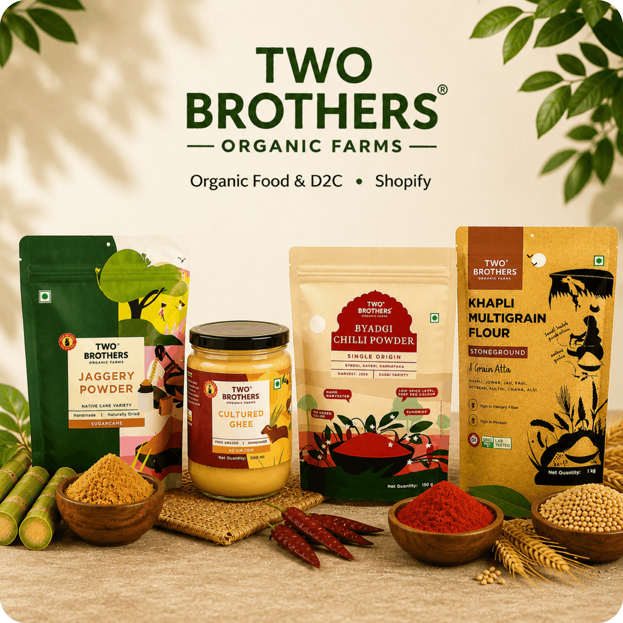 Two Brothers Organic Farms product showcase featuring jaggery powder, A2 cultured ghee, Byadgi chilli powder, and khapli multigrain flour — a D2C organic food brand on Shopify using AiTrillion for retention marketing.