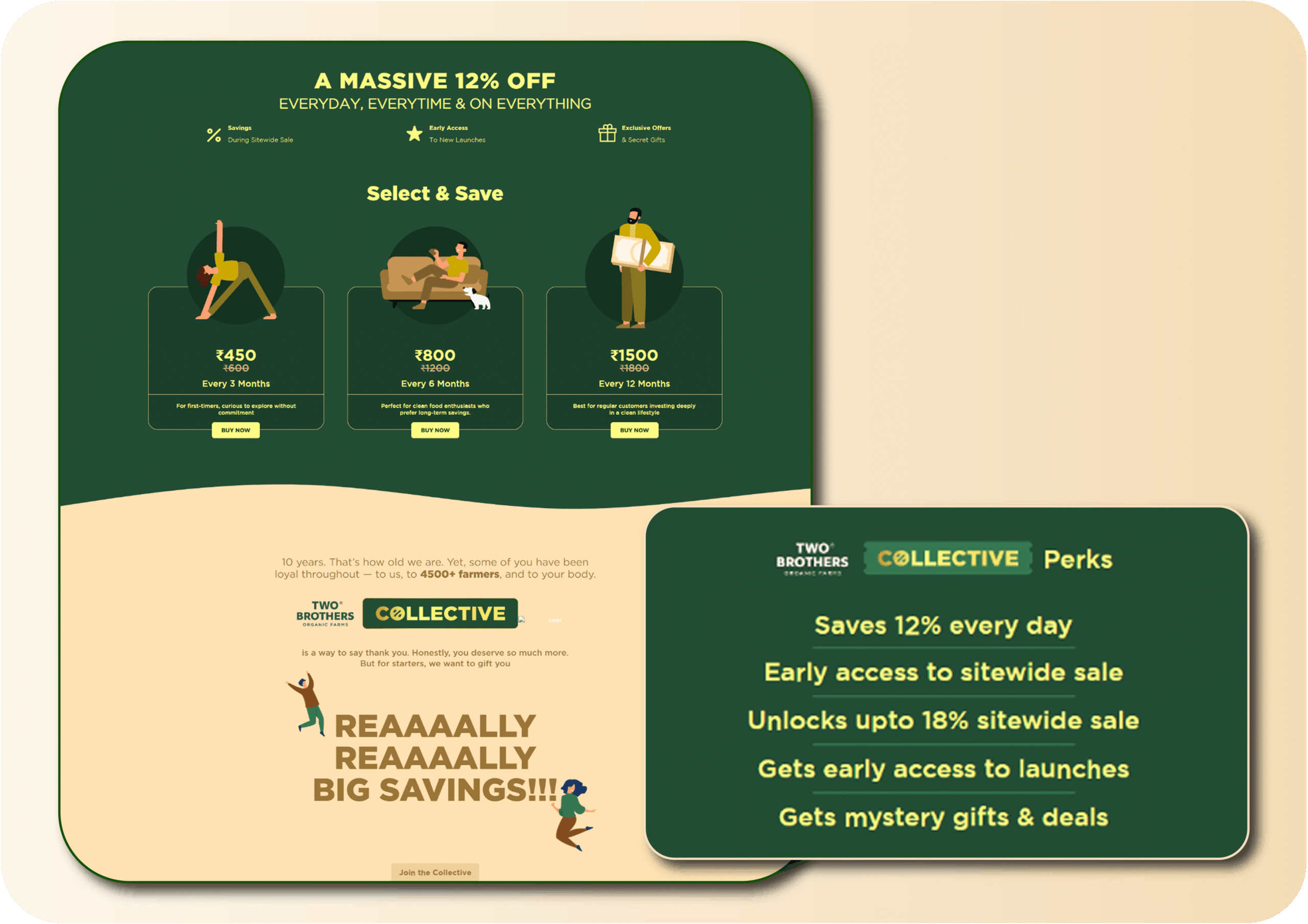 Two Brothers Organic Farms Collective membership page screenshot offering 12% off everyday savings, early access to launches, and exclusive perks, with three plan options at ₹450 for 3 months, ₹800 for 6 months, and ₹1,500 for 12 months — designed to drive repeat purchases and customer retention.