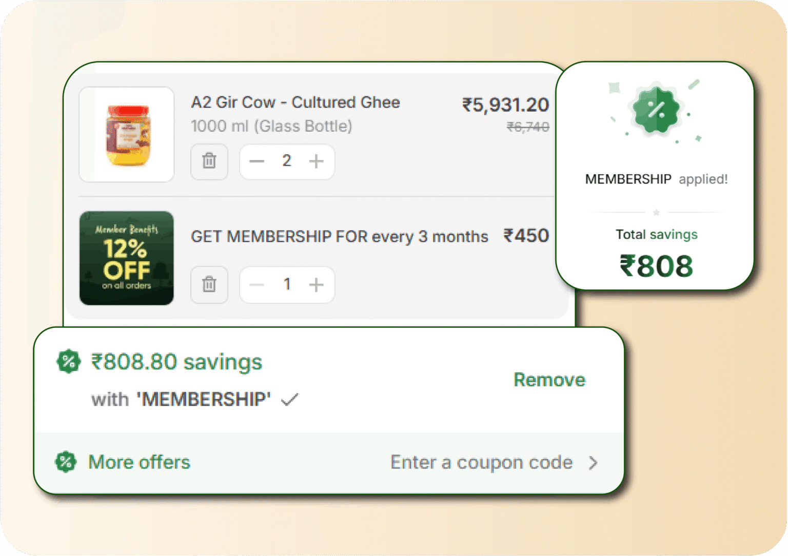 Two Brothers Organic Farms cart showing the AiTrillion Collective membership applied at checkout — unlocking total savings of ₹808 on an A2 Gir Cow Cultured Ghee order, demonstrating instant membership value that reduces cart abandonment.