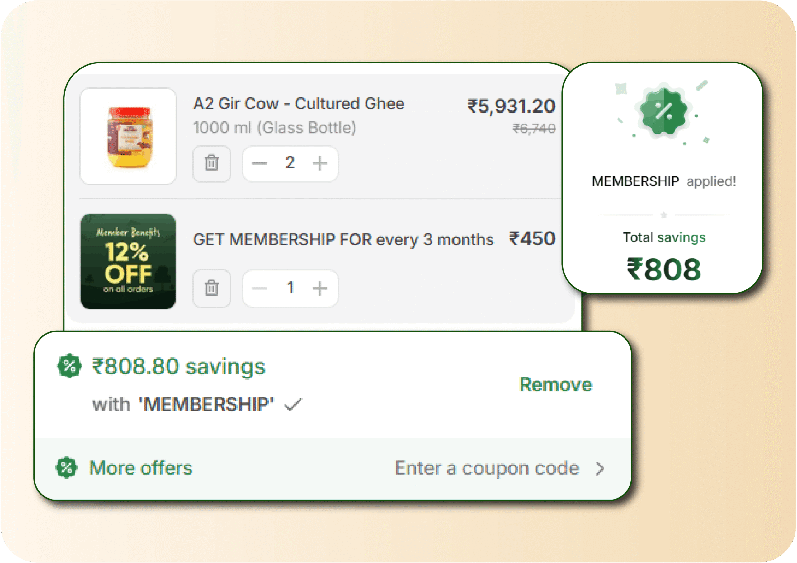 Two Brothers Organic Farms cart screenshot showing the Collective membership applied at checkout, with total savings of ₹808 unlocked on an A2 Gir Cow Cultured Ghee order — illustrating how membership-based loyalty programs lower cart abandonment and boost repeat revenue.