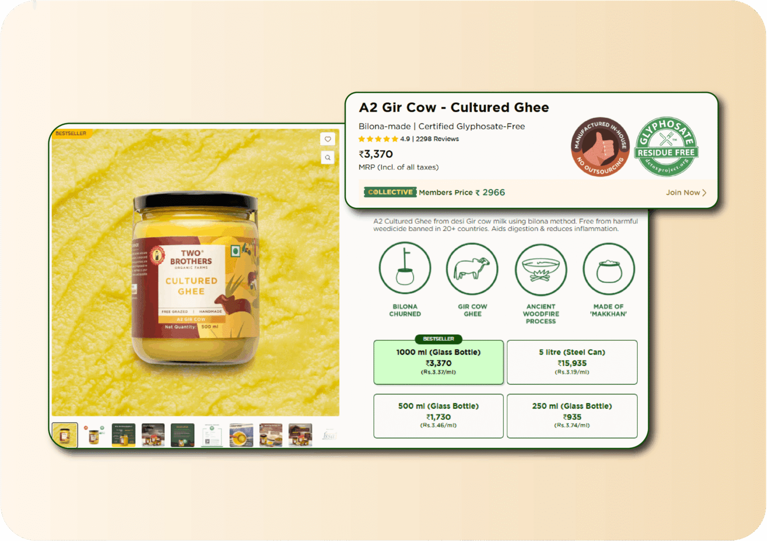 Two Brothers Organic Farms A2 Gir Cow Cultured Ghee product page showing dual pricing — regular price ₹3,370 alongside Collective members price ₹2,966 — with bilona-made and glyphosate-free certifications, powered by AiTrillion membership.