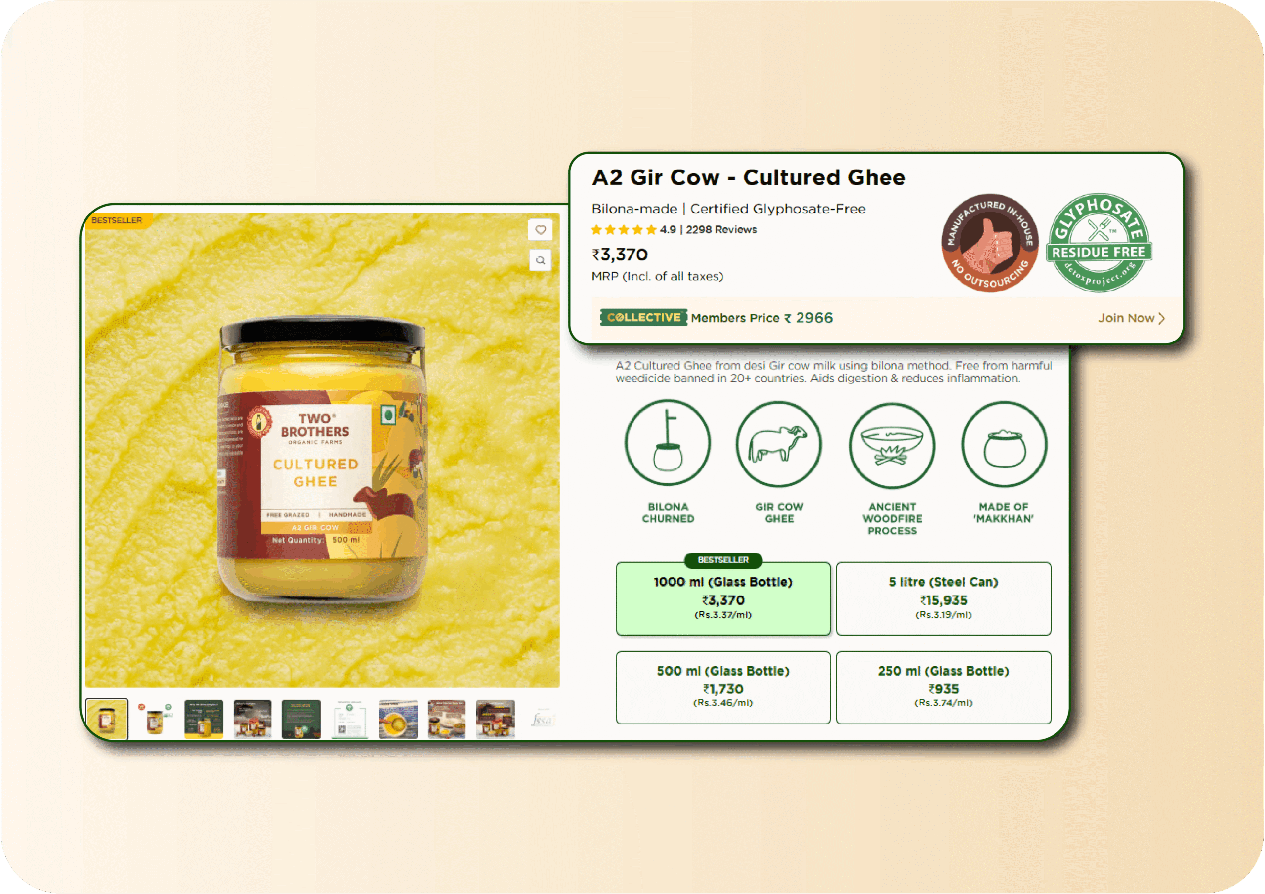 Two Brothers Organic Farms A2 Gir Cow Cultured Ghee product page screenshot showing bilona-made, glyphosate-free ghee priced at ₹3,370 with a 4.9-star rating, Collective members price of ₹2,966, multiple size variants, and product credentials like Gir cow ghee, ancient woodfire process, and made of makkhan.