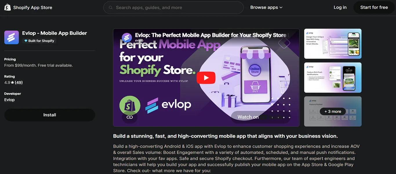evlop shopify mobile app builder app