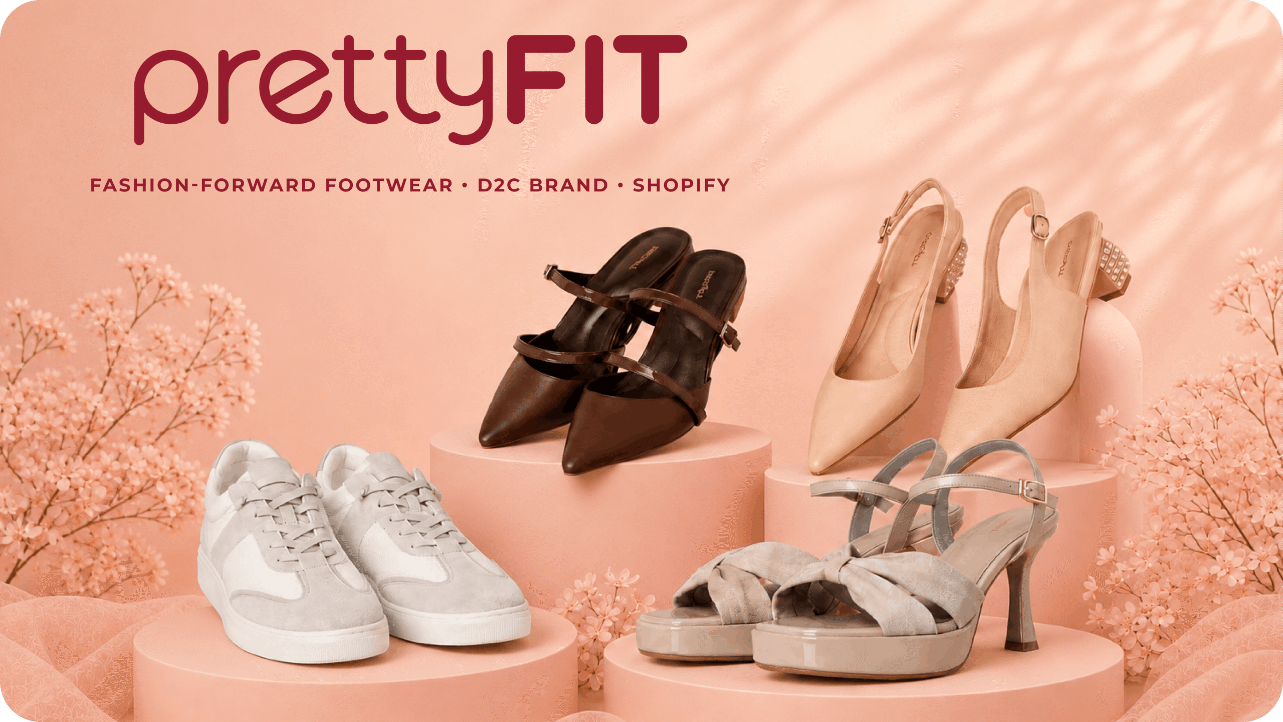 prettyFIT fashion-forward footwear D2C brand banner on Shopify — featuring a styled product display of brown strappy mules, nude slingback heels, grey platform sandals, and white sneakers on peach pedestals with delicate floral accents