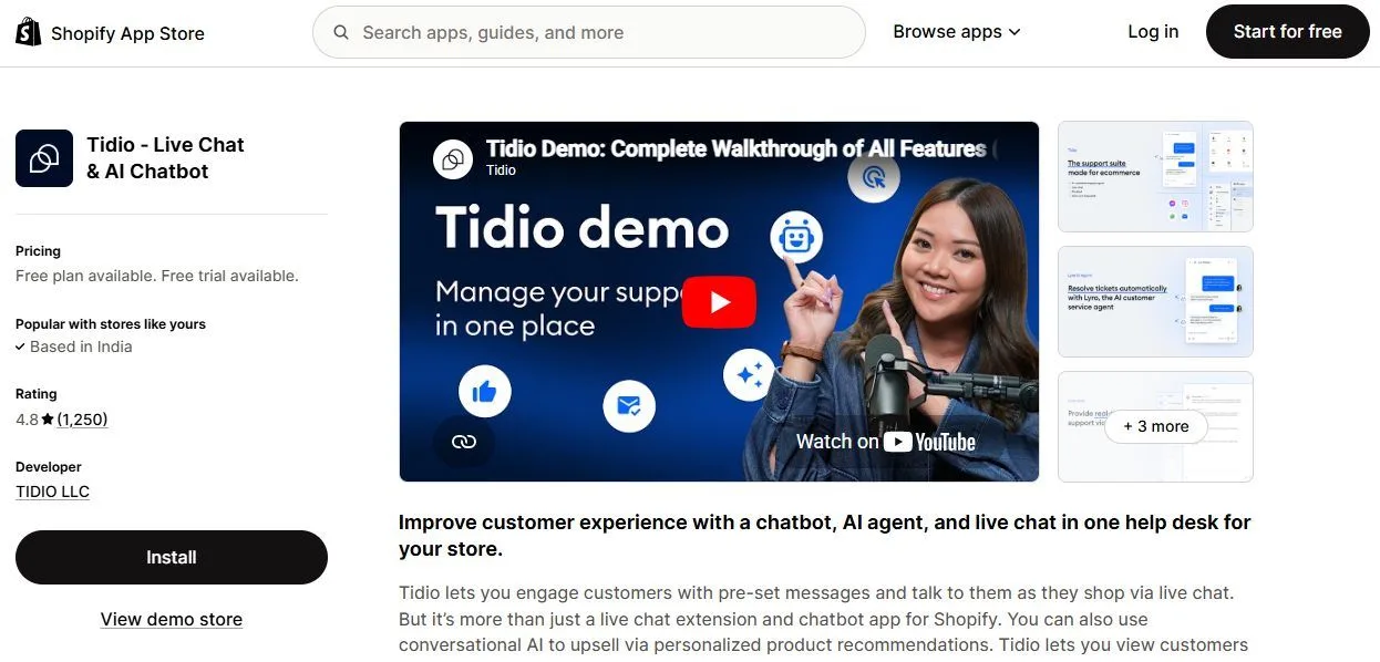 tidio ai live chat automation shopify store