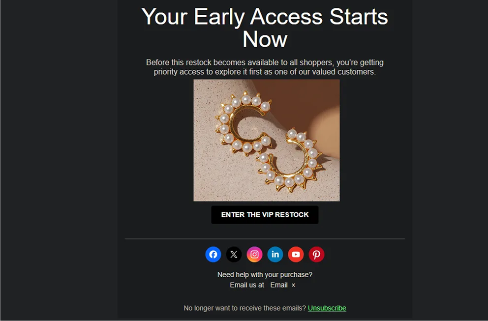 vip early access back in stock email example