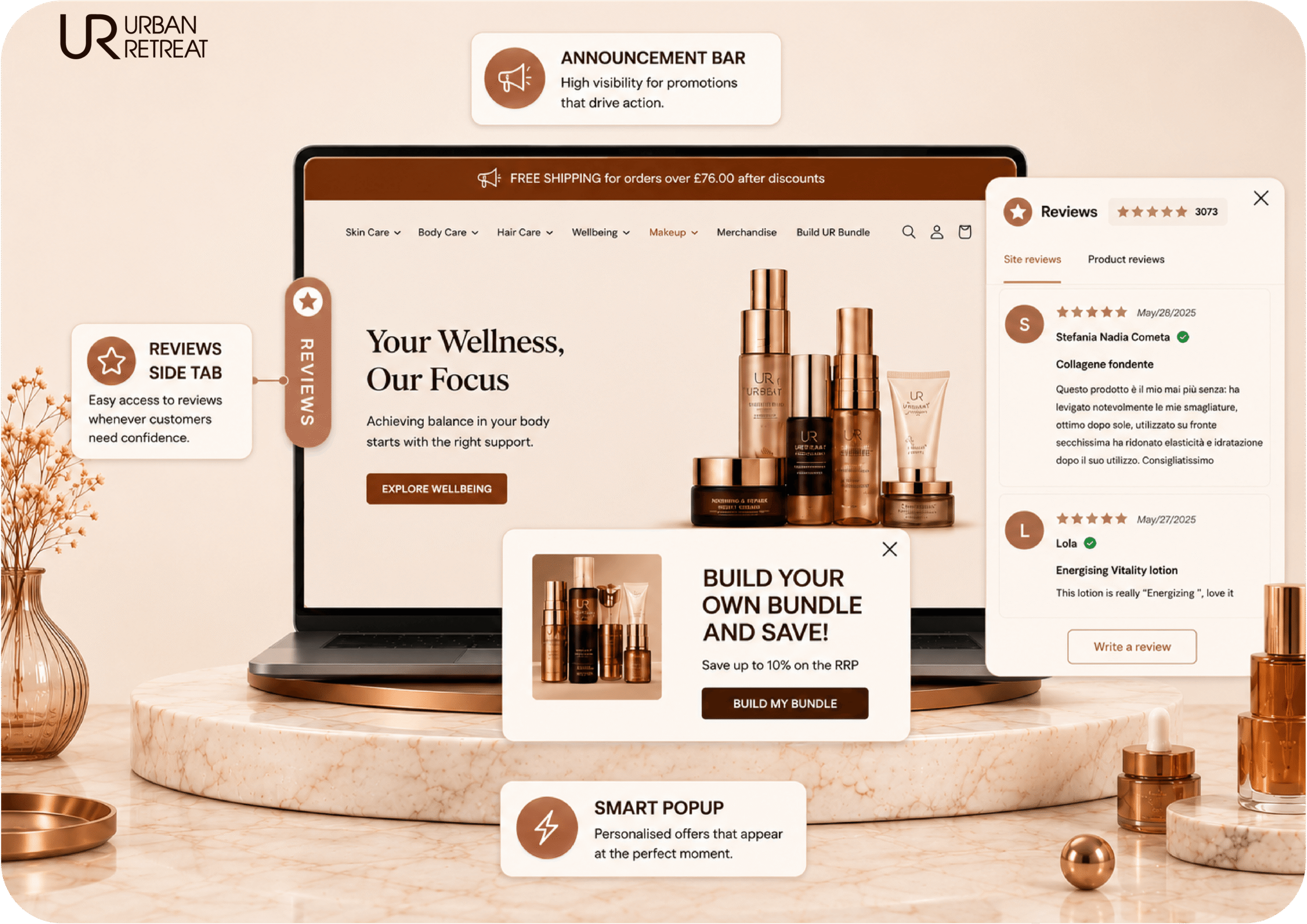 Announcement Bar, Reviews & Smart Popups in Sync