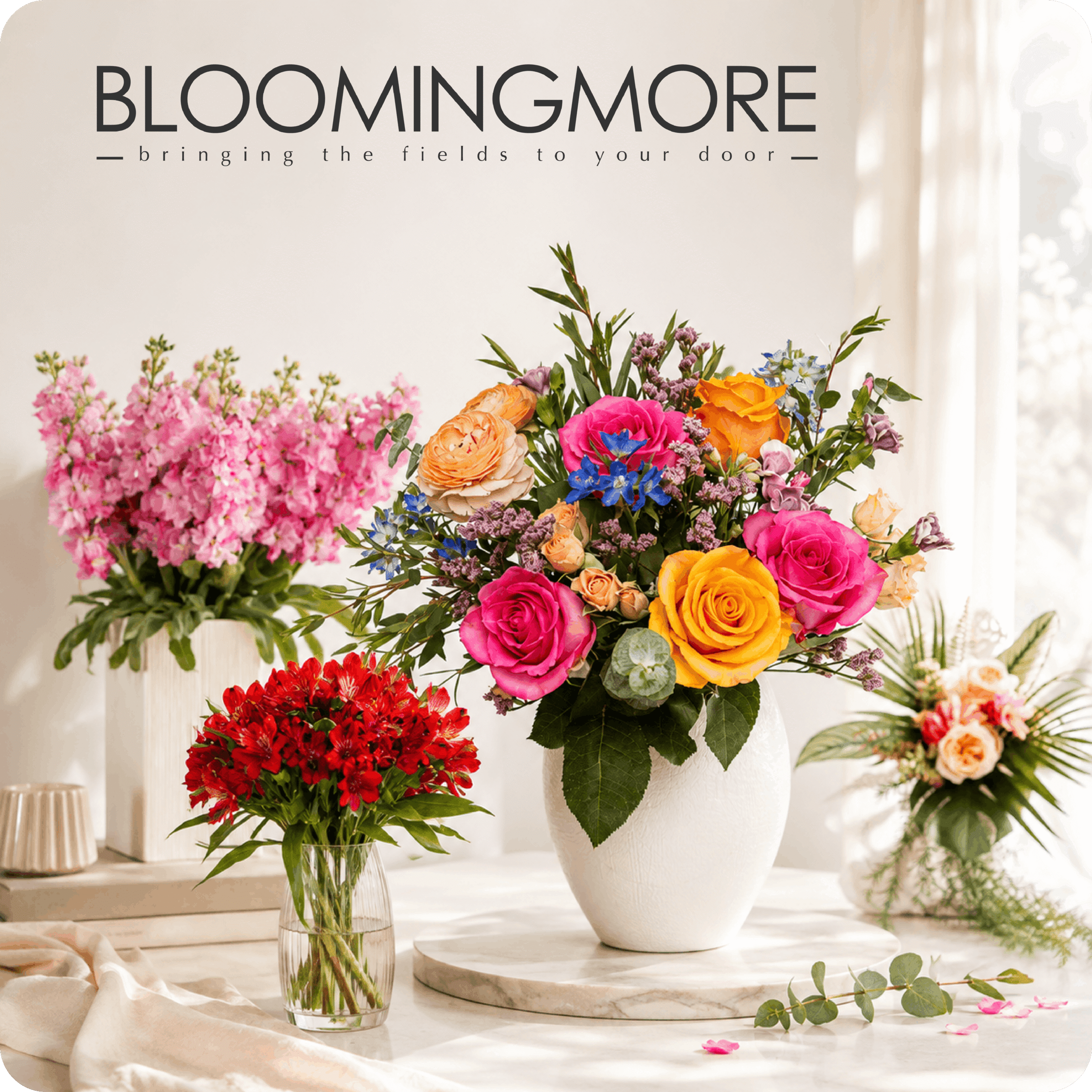 Bloomingmore farm-direct flowers Shopify brand hero image — showcasing handcrafted floral arrangements featuring roses, seasonal blooms, and greenery in vases against a soft cream backdrop with pink petal accents, representing the D2C flower marketplace bringing sustainably grown fresh flowers directly to customers doors