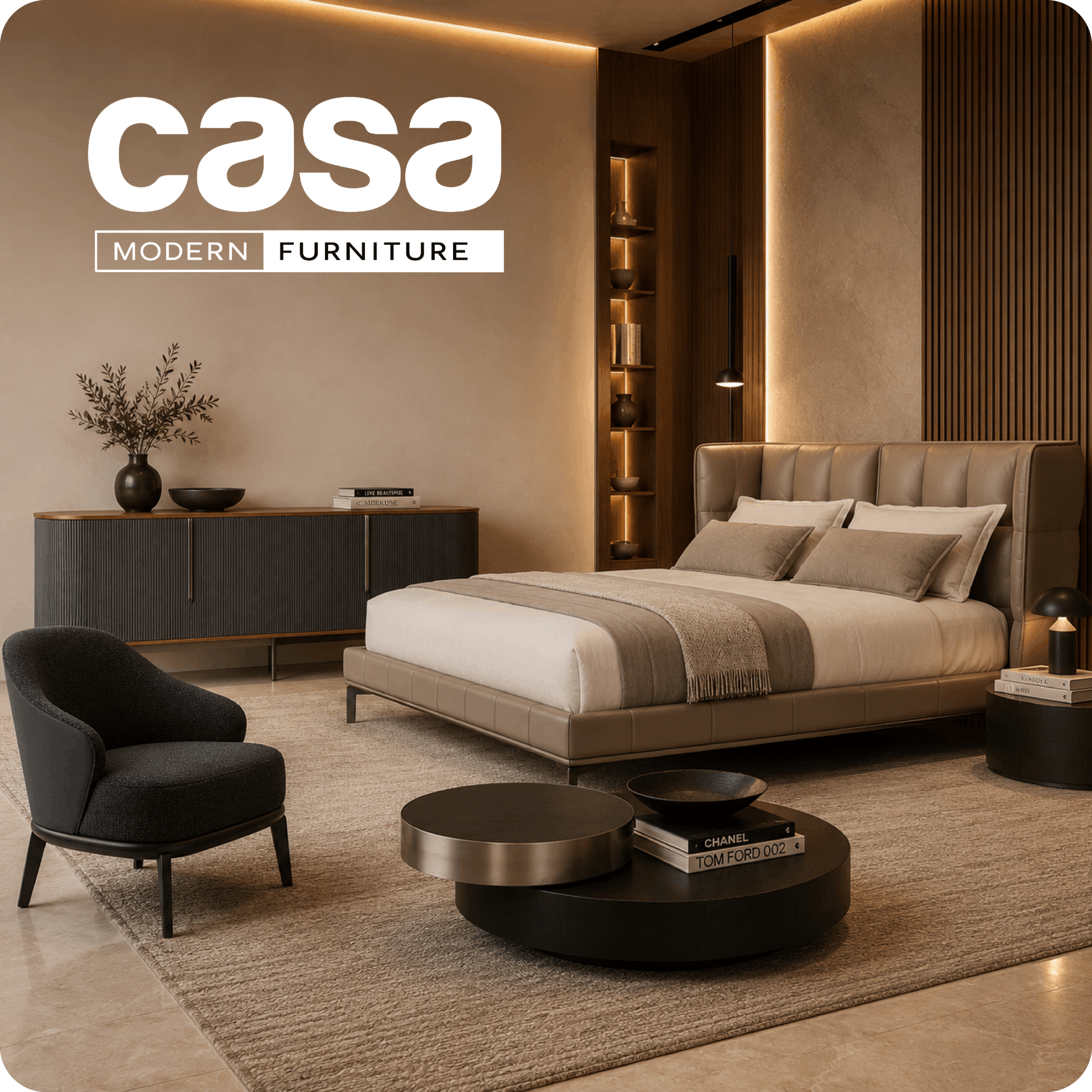 Casa Modern Furniture luxury bedroom showcase featuring beige leather platform bed, dark wood console with black chair, low round coffee table set, and warm ambient lighting — representing the Orlando-based Shopify D2C luxury modern furniture brand offering curated collections with membership benefits powered by AiTrillion