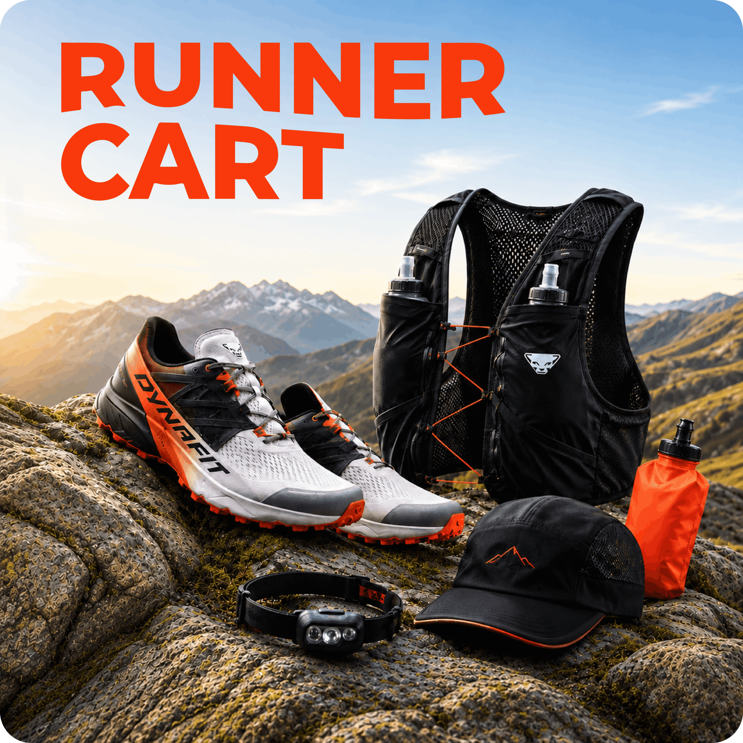 RunnerCart Bangkok specialist running store Shopify D2C brand hero image — featuring Dynafit trail running shoes, hydration vest with soft flasks, running cap, headlamp, and orange soft water bottle set against a mountain ridge at sunrise, representing the curated performance gear selection for serious road and trail runners across Thailand powered by AiTrillion retention