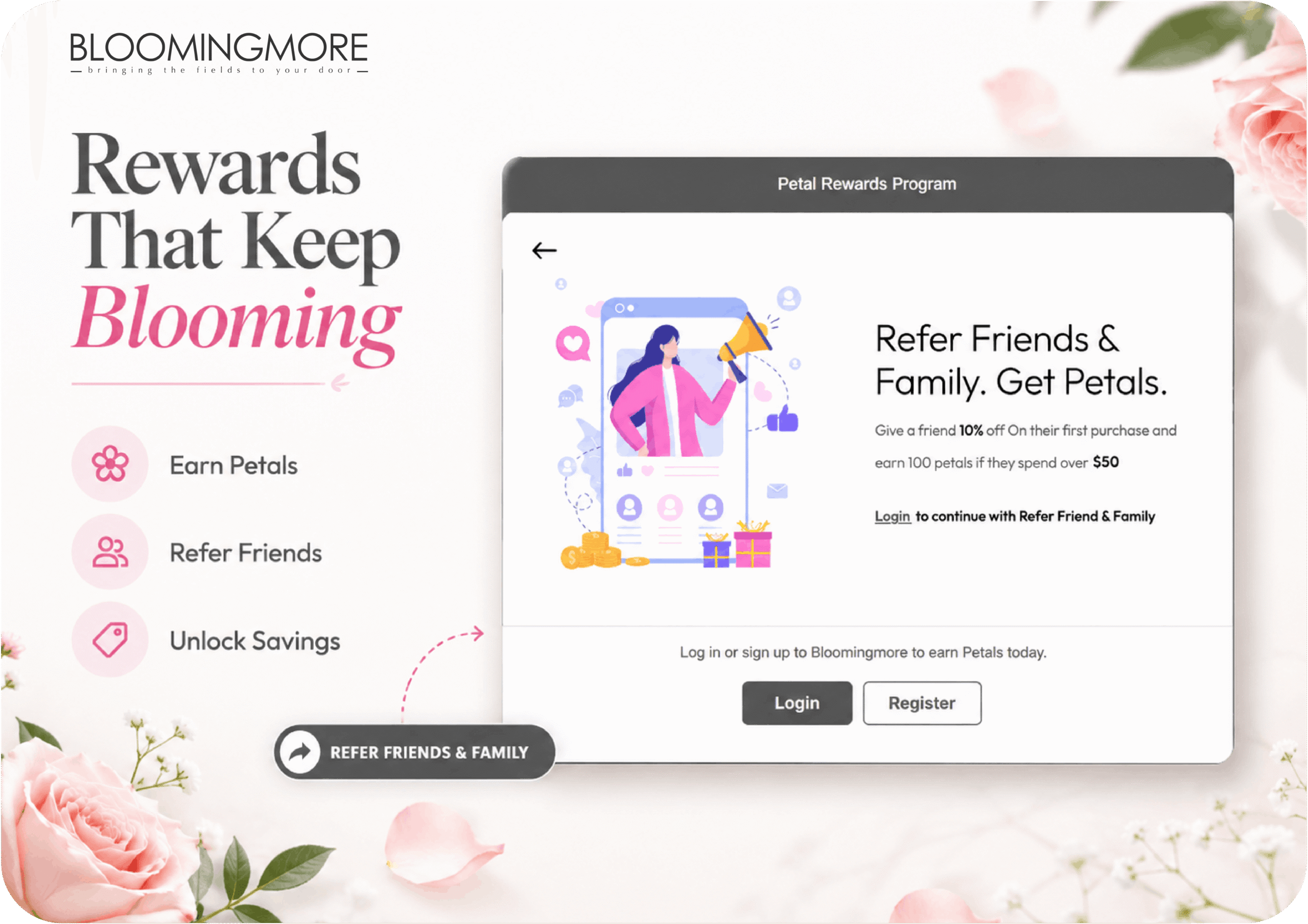 Bloomingmore Petal Rewards Program powered by AiTrillion — earn Petals, refer friends and family for 10% off on their first purchase and 100 Petals when they spend over $50, unlock savings and rewards for repeat purchases across occasions on the US farm-direct flower Shopify D2C brand