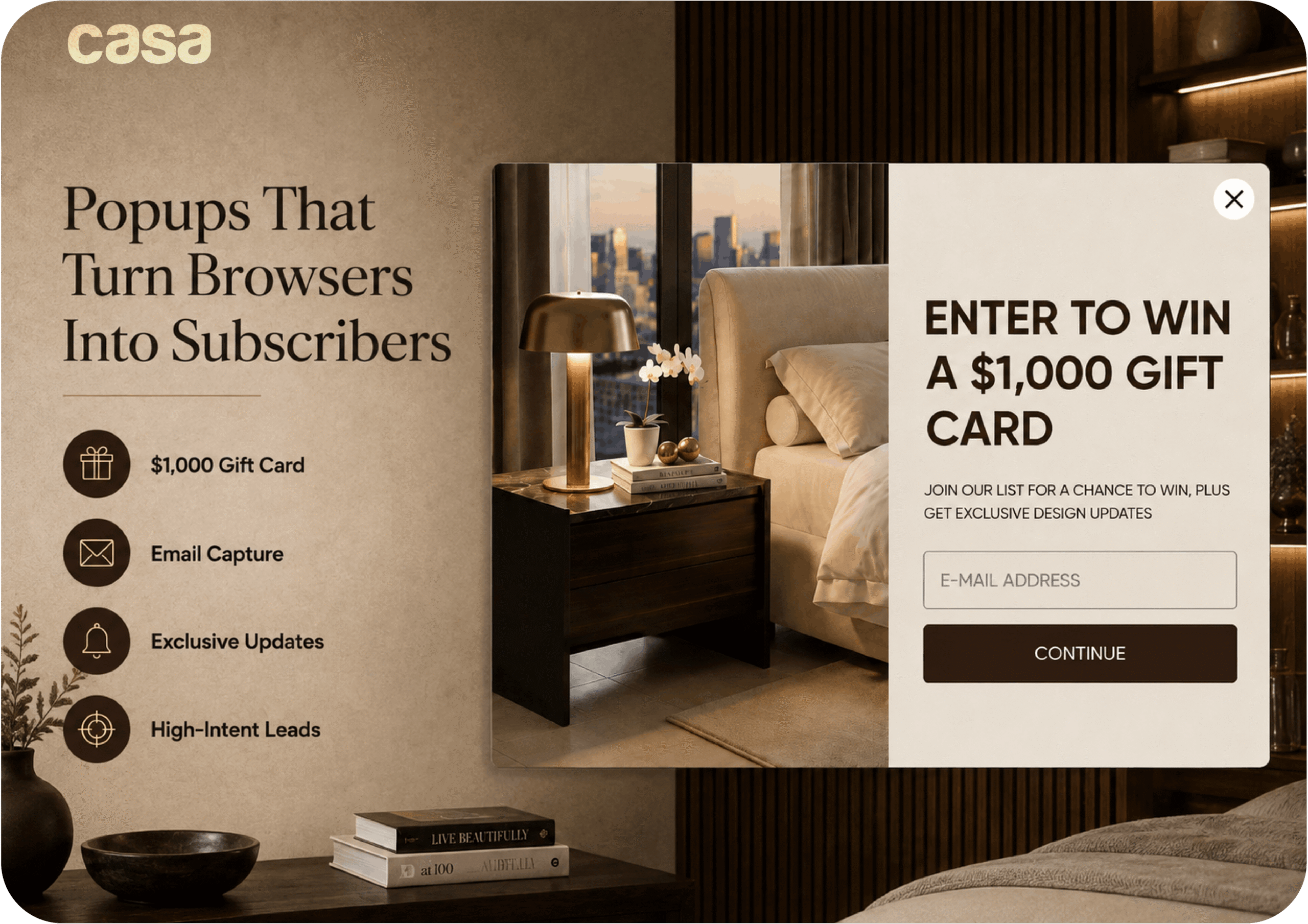 Casa Furniture USA email capture popup powered by AiTrillion offering $1,000 gift card sweepstakes with email address collection and exclusive design updates subscription — turning high-intent browsers into permission-based subscribers for the luxury Orlando modern furniture Shopify D2C brand