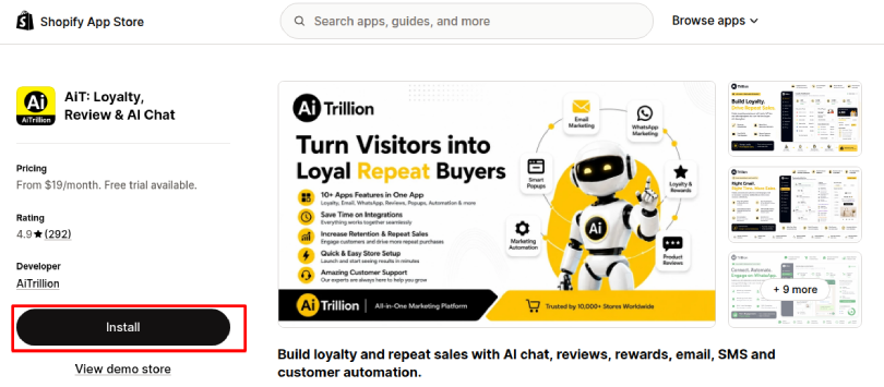 Shopify AI agent app store install