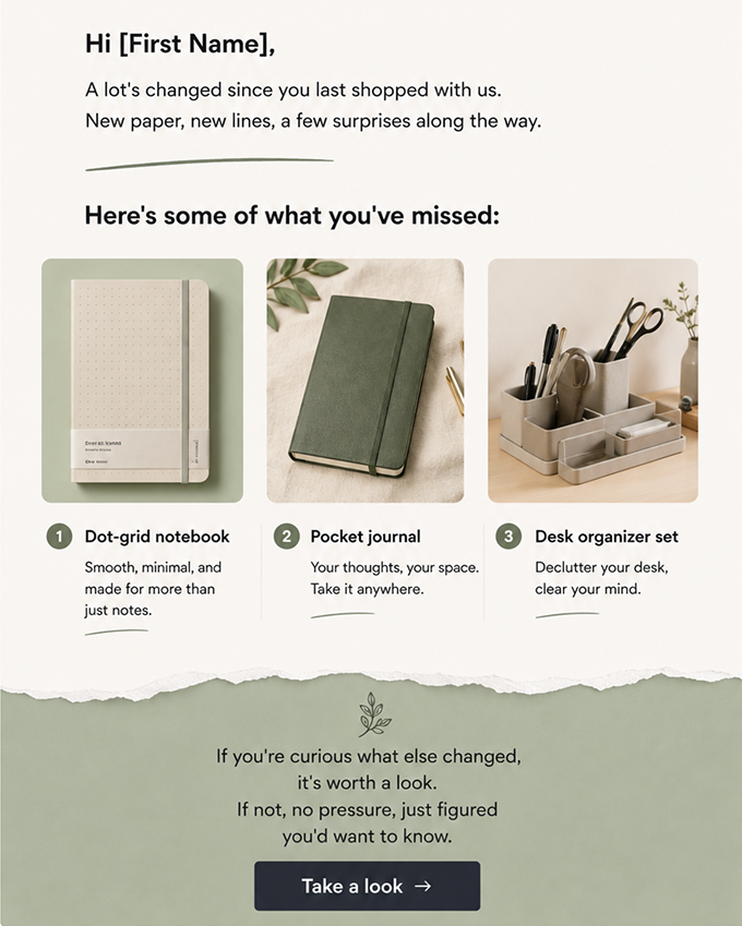"What you're missing" curiosity and FOMO win-back email example