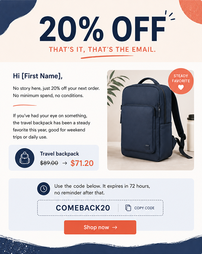 Straight discount win-back email example for Shopify