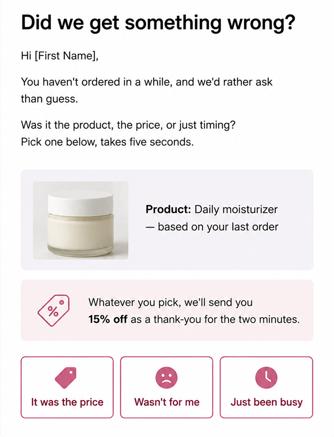 Feedback and survey win-back email example