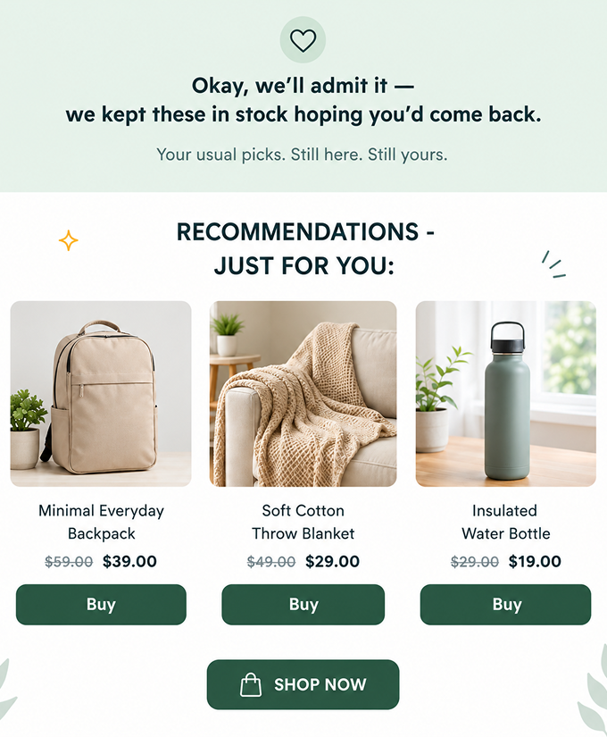 Product recommendation win-back email example