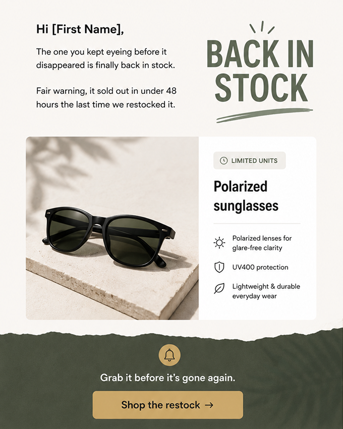 New arrivals and restock win-back email example