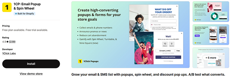 1cp email popup spin wheel shopify app