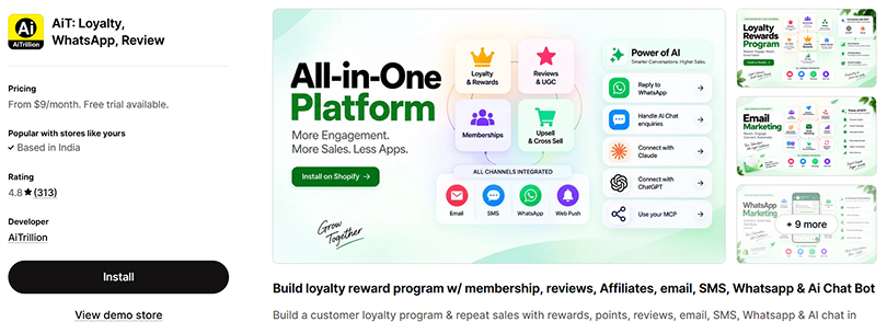 AiTrillion loyalty, WhatsApp and reviews Shopify app
