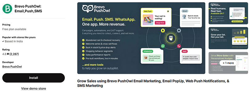 Brevo PushOwl email, push and SMS Shopify app