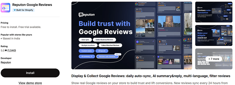 Reputon Google Reviews Shopify app