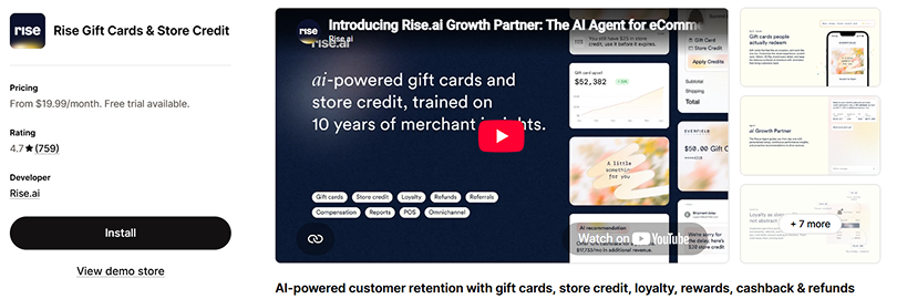 rise gift cards store credit shopify app